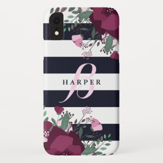Pink & Plum Roses | Striped Monogrammed iPhone XR Case