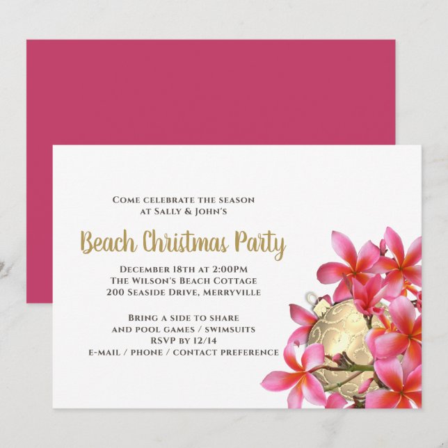 Pink Plumeria Beach Christmas Party Invitation (Front/Back)