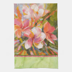 Pink Plumeria Flower Painting Green Kitchen Towel