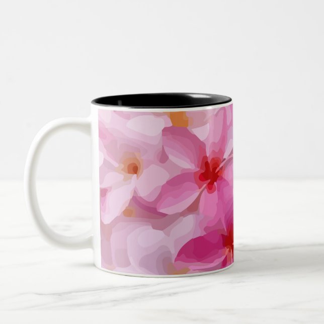 Pink Plumeria Flower Pattern Two-Tone Coffee Mug (Left)
