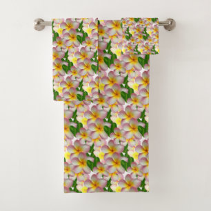 Pink Plumeria Flowers Bath Towel Set