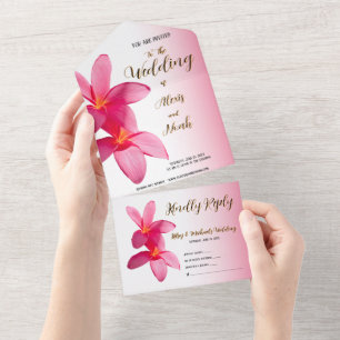 Pink Plumeria Flowers on Pink, Floral, Wedding All In One Invitation