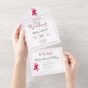 Pink Plumeria Flowers on White, Modern Wedding All In One Invitation