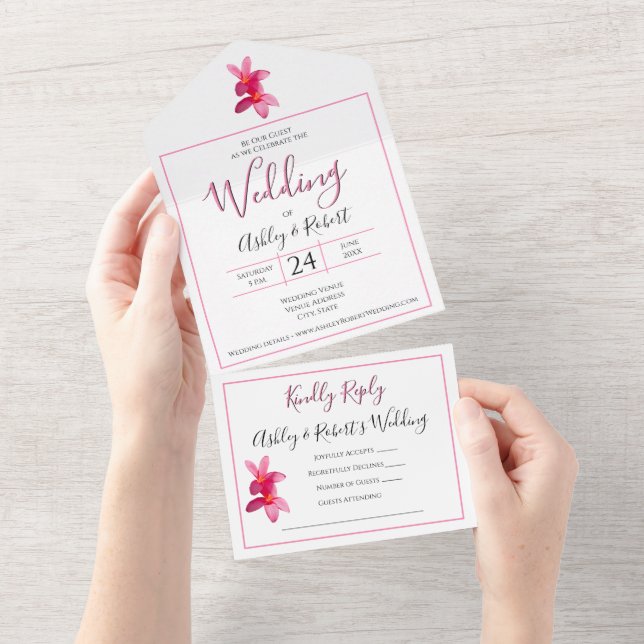 Pink Plumeria Flowers on White, Modern Wedding All In One Invitation (Tearaway)