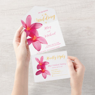 Pink Plumeria Flowers, Tropical, Floral Wedding All In One Invitation