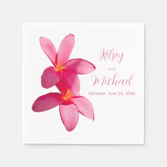 Pink Plumeria Flowers, Tropical, Floral Wedding, Napkin (Front)