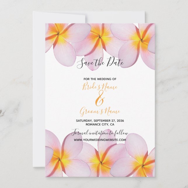 Pink Plumeria Frangipani Wedding Save The Date (Front)