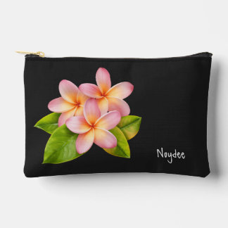 Pink Plumeria Frangipani, your Name, Floral Accessory Pouch