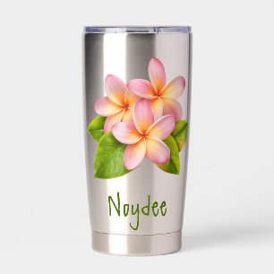 Pink Plumeria Frangipani, your Name green, Floral Insulated Tumbler