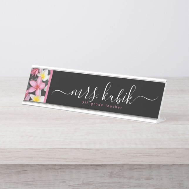 Pink Plumeria Hawaiian Teacher Desk Name Plate (Front)