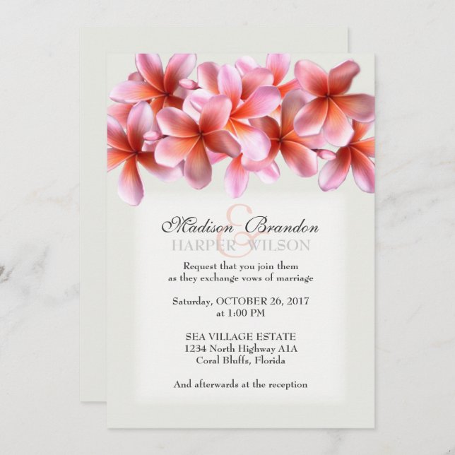 Pink Plumeria Light Grey Tropical Wedding Invites (Front/Back)