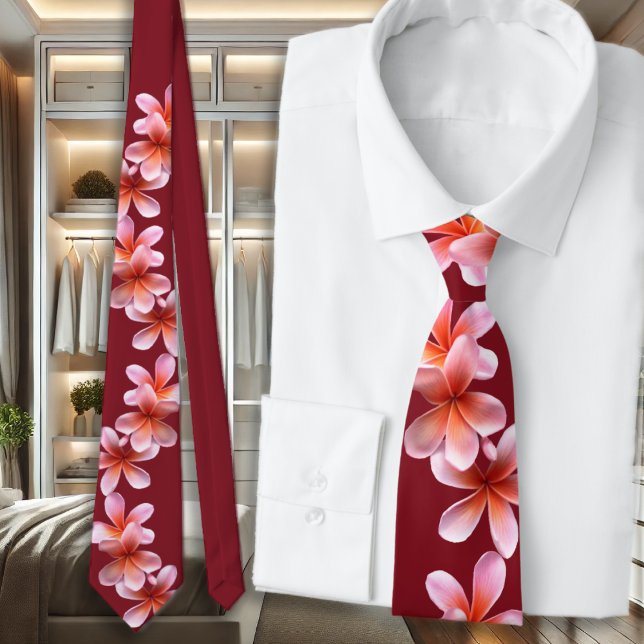Pink Plumeria Maroon Tropical Flowers Unisex Tie (Creator Uploaded)