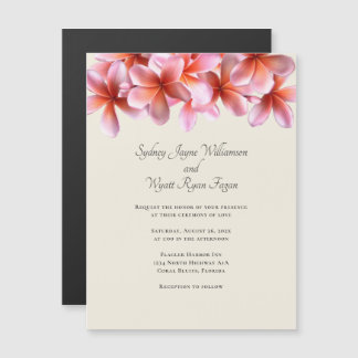 Pink Plumeria Real Flowers Border Ecru Magnetic Invitation