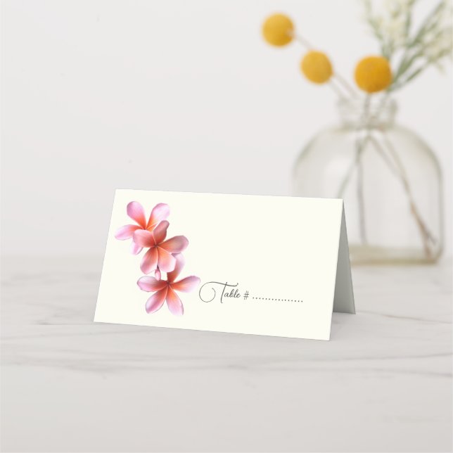 Pink Plumeria Tented Escort or Place Card Ecru (Front)