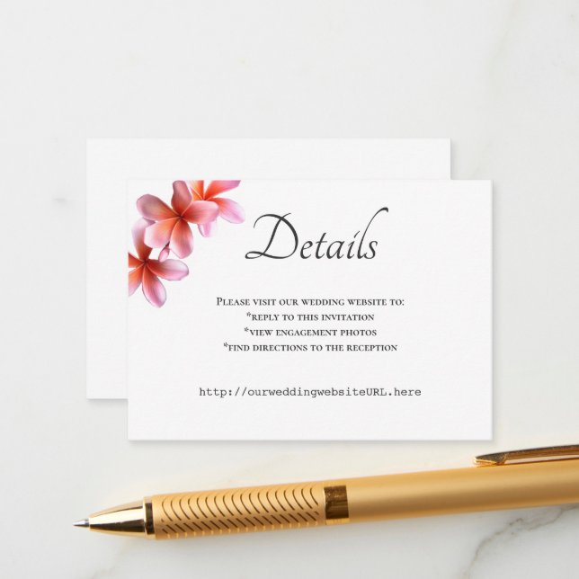 Pink Plumeria Wedding Details Enclosure Card (Front/Back In Situ)