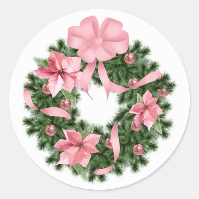 Pink Poinsetta Wreath Classic Round Sticker (Front)