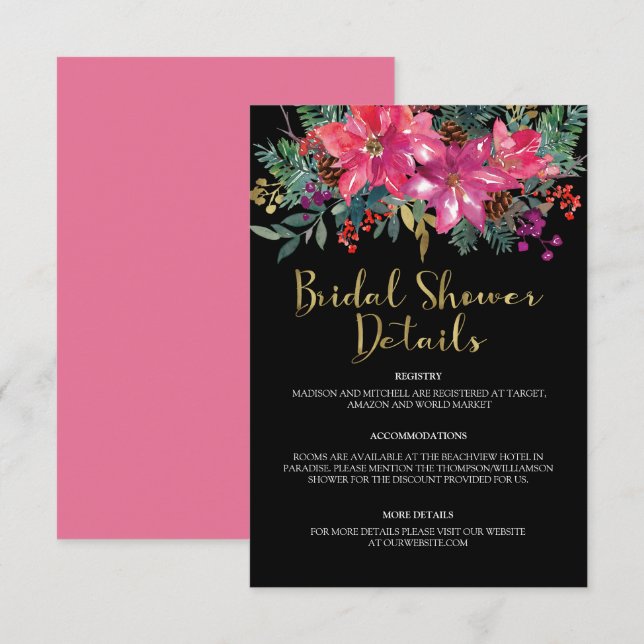 Pink Poinsettia Christmas Bridal Shower Enclosure Card (Front/Back)