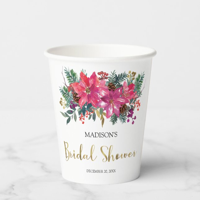 Pink Poinsettia Christmas Bridal Shower  Paper Cups (Back)