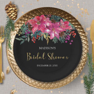 Pink Poinsettia Christmas Bridal Shower Paper Plate