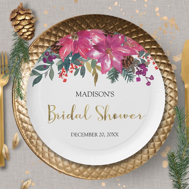 Pink Poinsettia Christmas Bridal Shower  Paper Plate (Creator Uploaded)