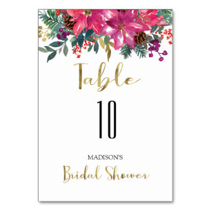 Pink Poinsettia Christmas Bridal Shower Table Number