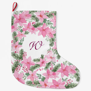 Pink Poinsettia Christmas Initial Monogram Large Christmas Stocking