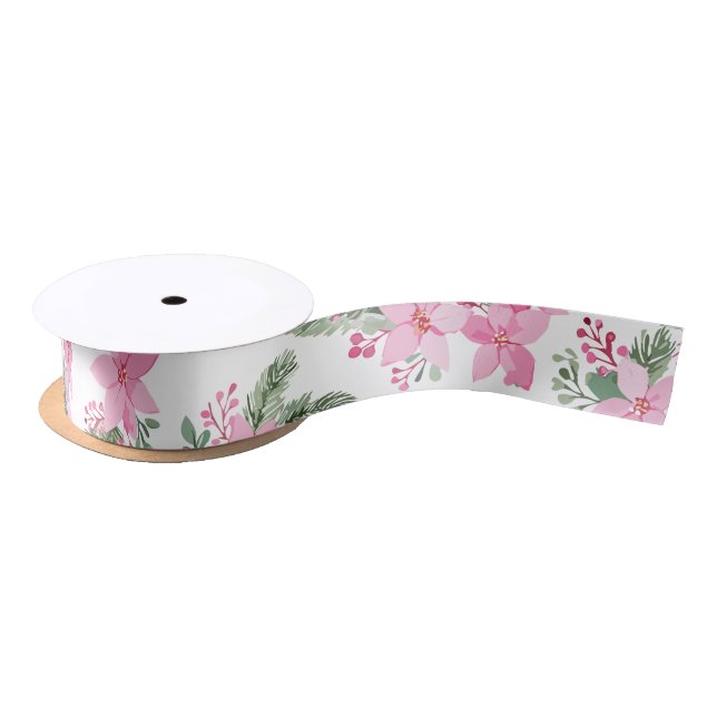 Pink Poinsettia Christmas Satin Ribbon (Spool)