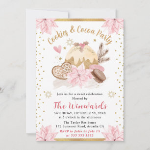 Pink Poinsettia Cookies & Cocoa Party Winter Invitation
