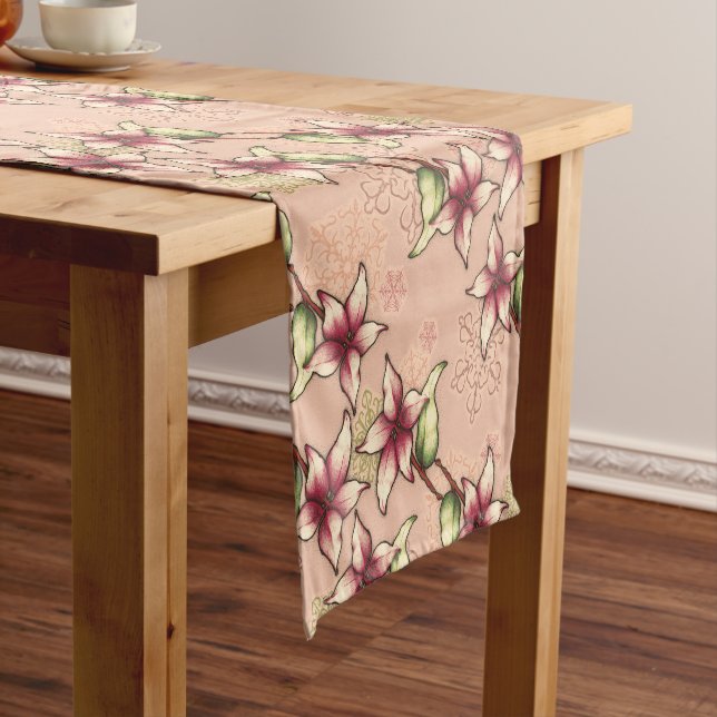 Pink Poinsettia Diagonal Stripe Christmas Short Table Runner (In Situ)