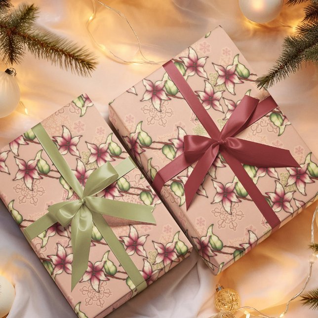 Pink Poinsettia Diagonal Stripe Christmas  Wrapping Paper Sheet (Pink Poinsettia Diagonal Stripe Christmas Wrapping Paper)
