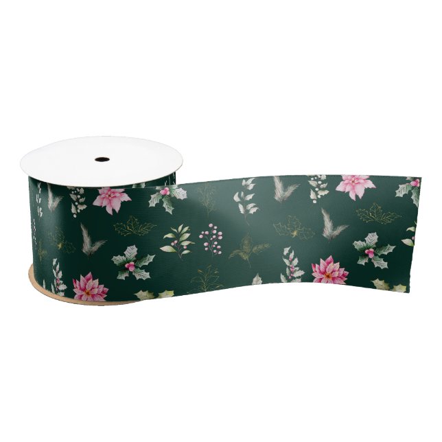 Pink Poinsettia Flowers and Foliage on Dark Green Satin Ribbon (Spool)
