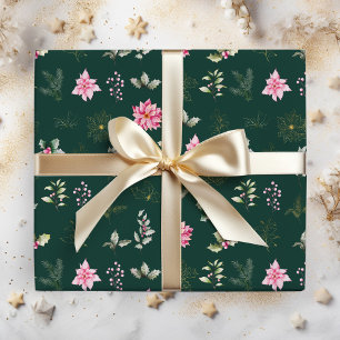 Pink Poinsettia Flowers and Foliage on Dark Green Wrapping Paper