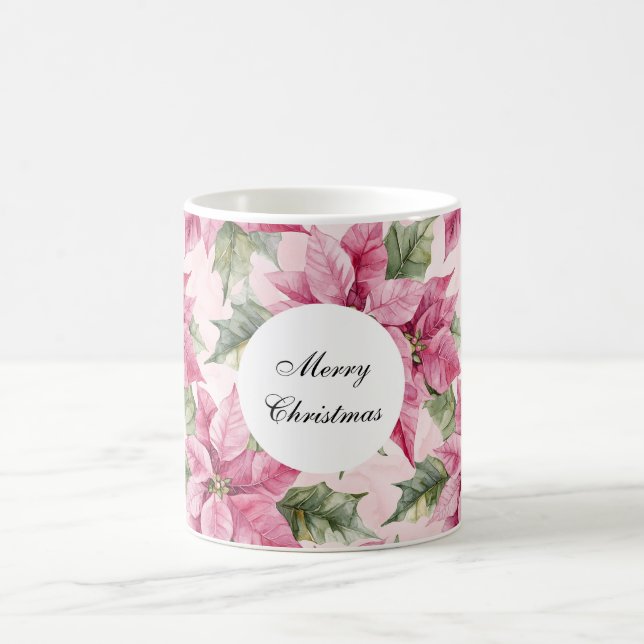 Pink Poinsettia Flowers Christmas  Coffee Mug (Center)