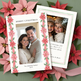 Pink Poinsettia Garland Ribbon Christmas Photo Holiday Card