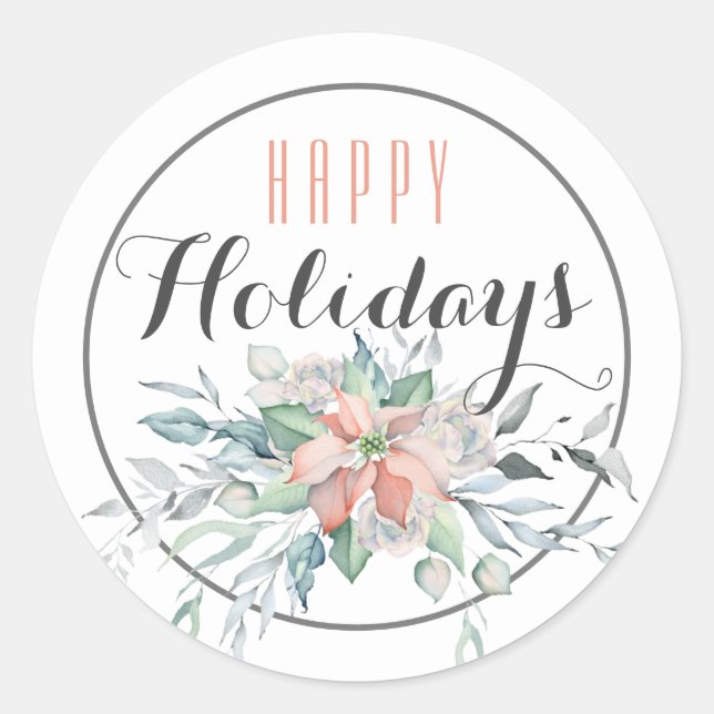 Pink Poinsettia  Happy Holiday / White Classic Round Sticker (Front)