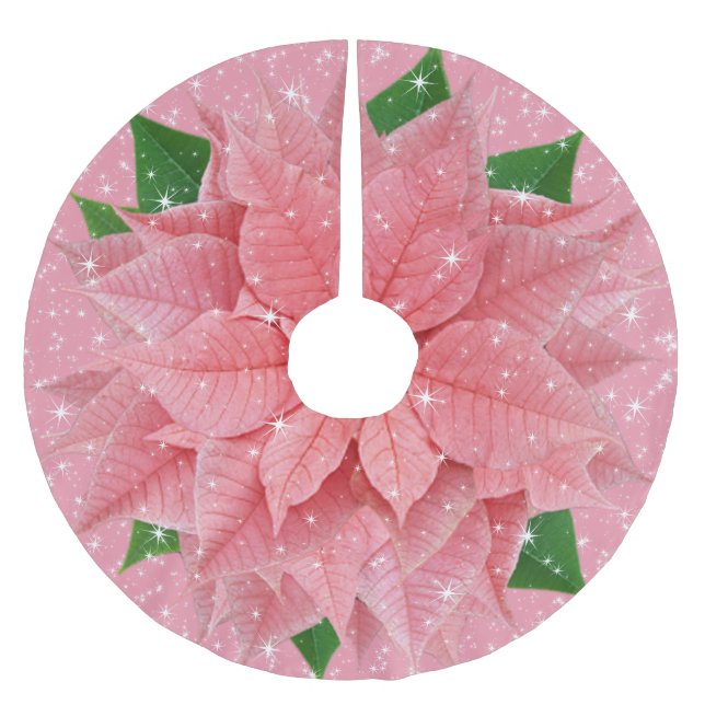 Pink Poinsettia Holiday Sparkle Brushed Polyester Tree Skirt (Front)