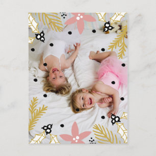 Pink Poinsettia Holly Jolly Photo Holiday Card