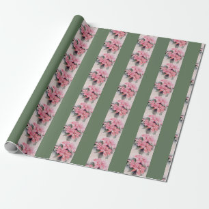 Pink Poinsettia Original Watercolor Stripe Wrapping Paper