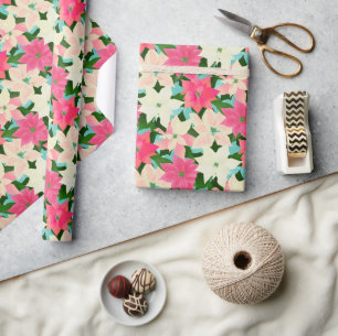 Pink Poinsettia Teal Christmas  Wrapping Paper