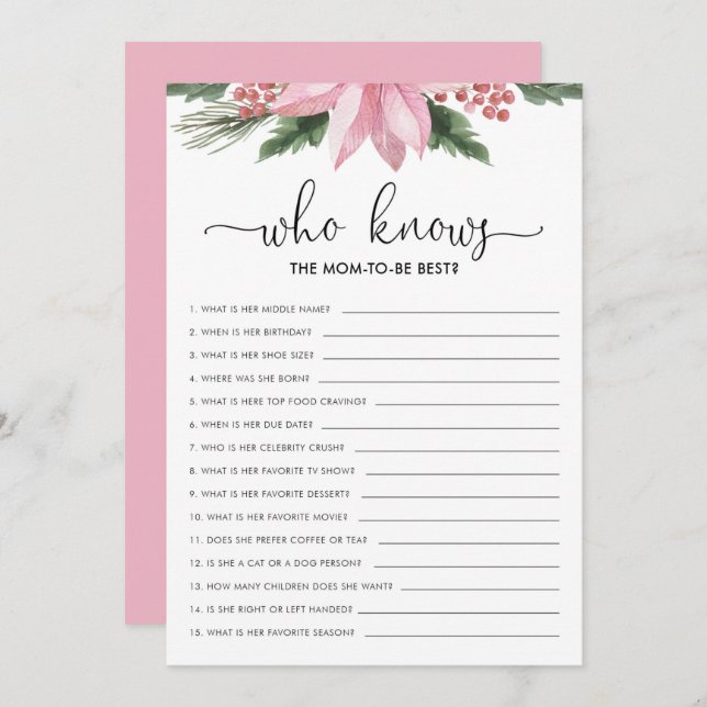 Pink Poinsettia Who Knows Mum Baby Shower Game Invitation (Front/Back)