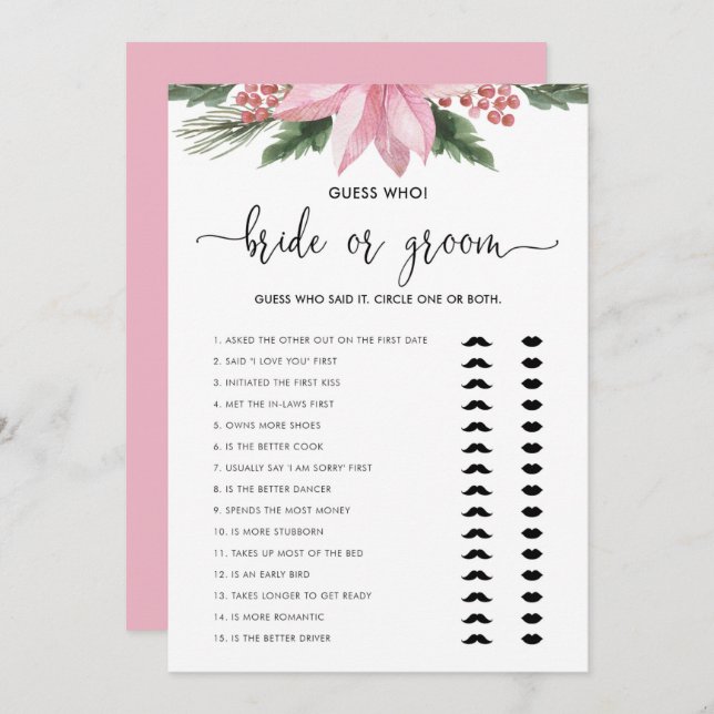 Pink Poinsettia Winter Bride or Groom Shower Game Invitation (Front/Back)