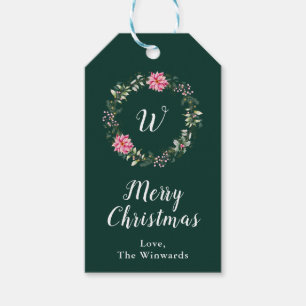 Pink Poinsettia Wreath Merry Christmas Gift Tags