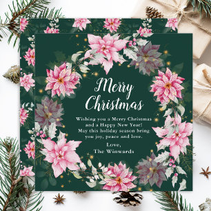 Pink Poinsettia Wreath Merry Christmas Holiday Card