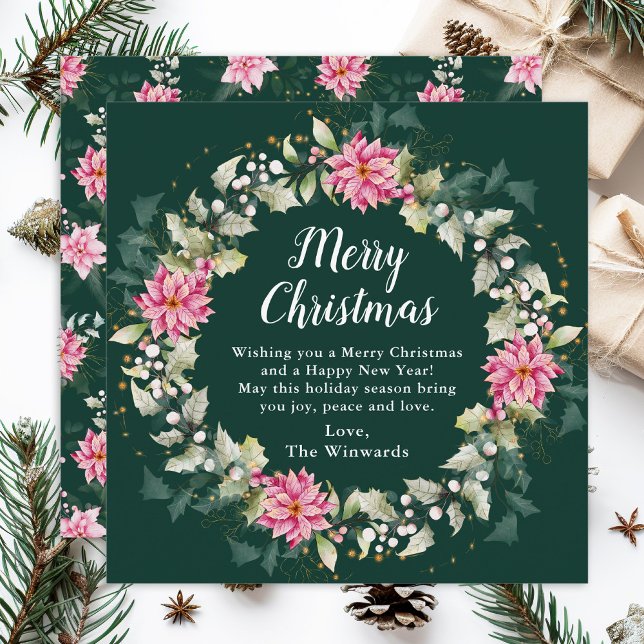 Pink Poinsettia Wreath Merry Christmas Holiday Card (Creator Uploaded)