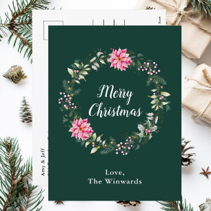 Pink Poinsettia Wreath Merry Christmas Holiday Postcard