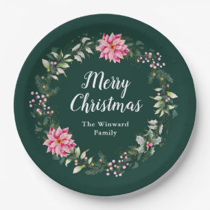Pink Poinsettia Wreath Merry Christmas Paper Plate