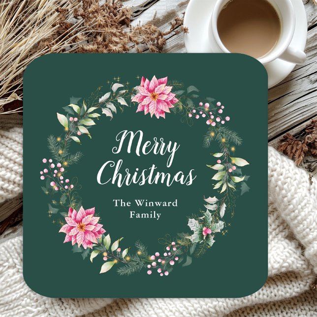 Pink Poinsettia Wreath Merry Christmas Square Paper Coaster (Creator Uploaded)