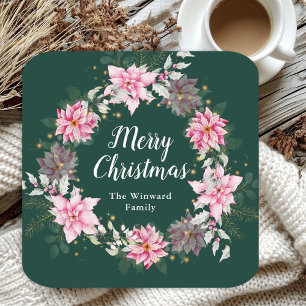 Pink Poinsettia Wreath Merry Christmas Square Paper Coaster