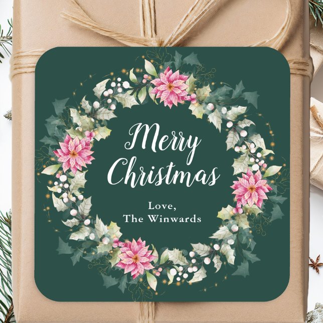 Pink Poinsettia Wreath Merry Christmas Square Sticker (Creator Uploaded)