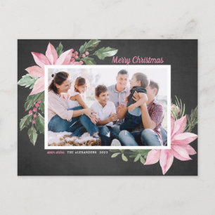 Pink Poinsettias Chalkboard Merry Christmas Photo Holiday Postcard